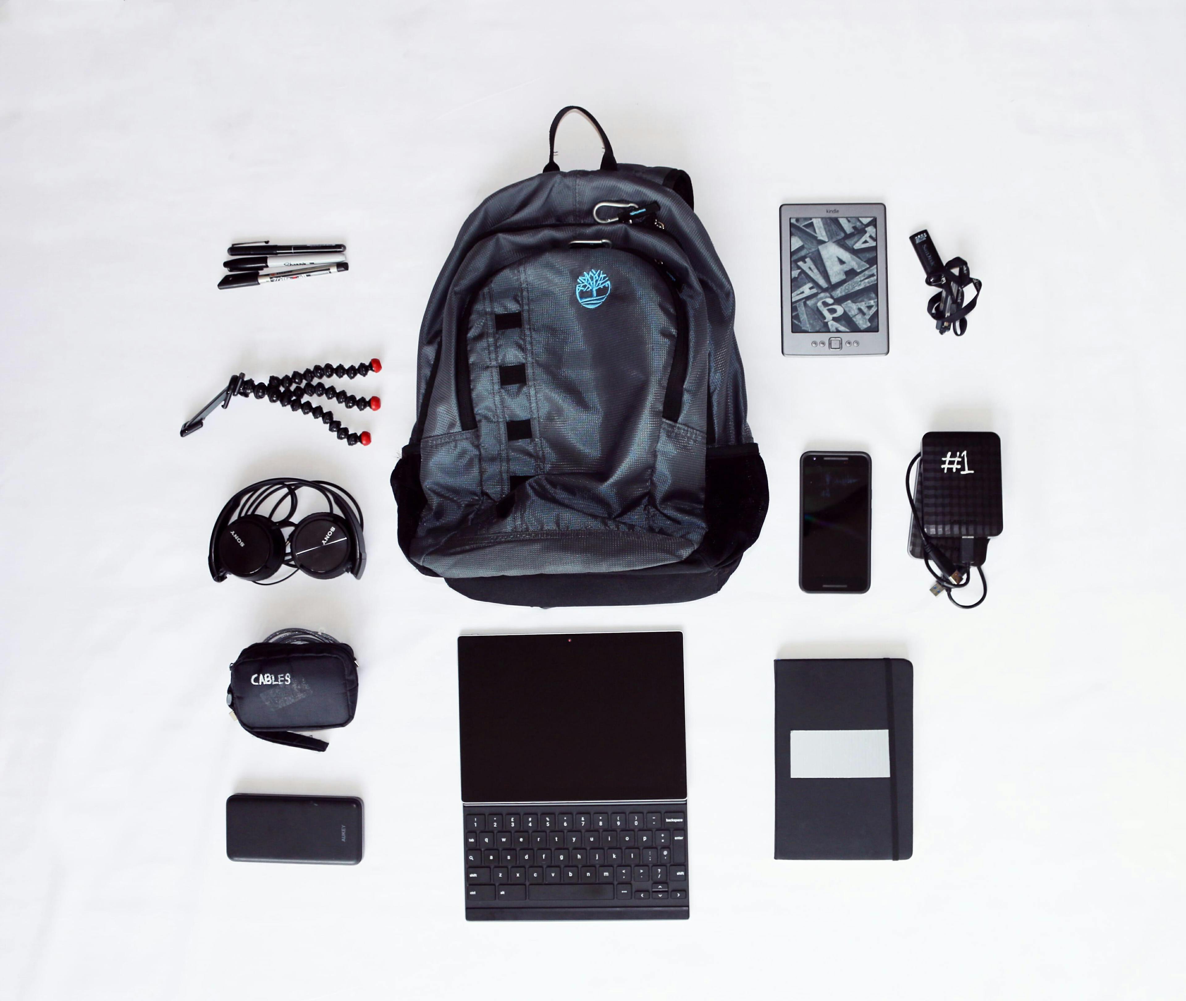 Overhead view of everything included in a tech bag